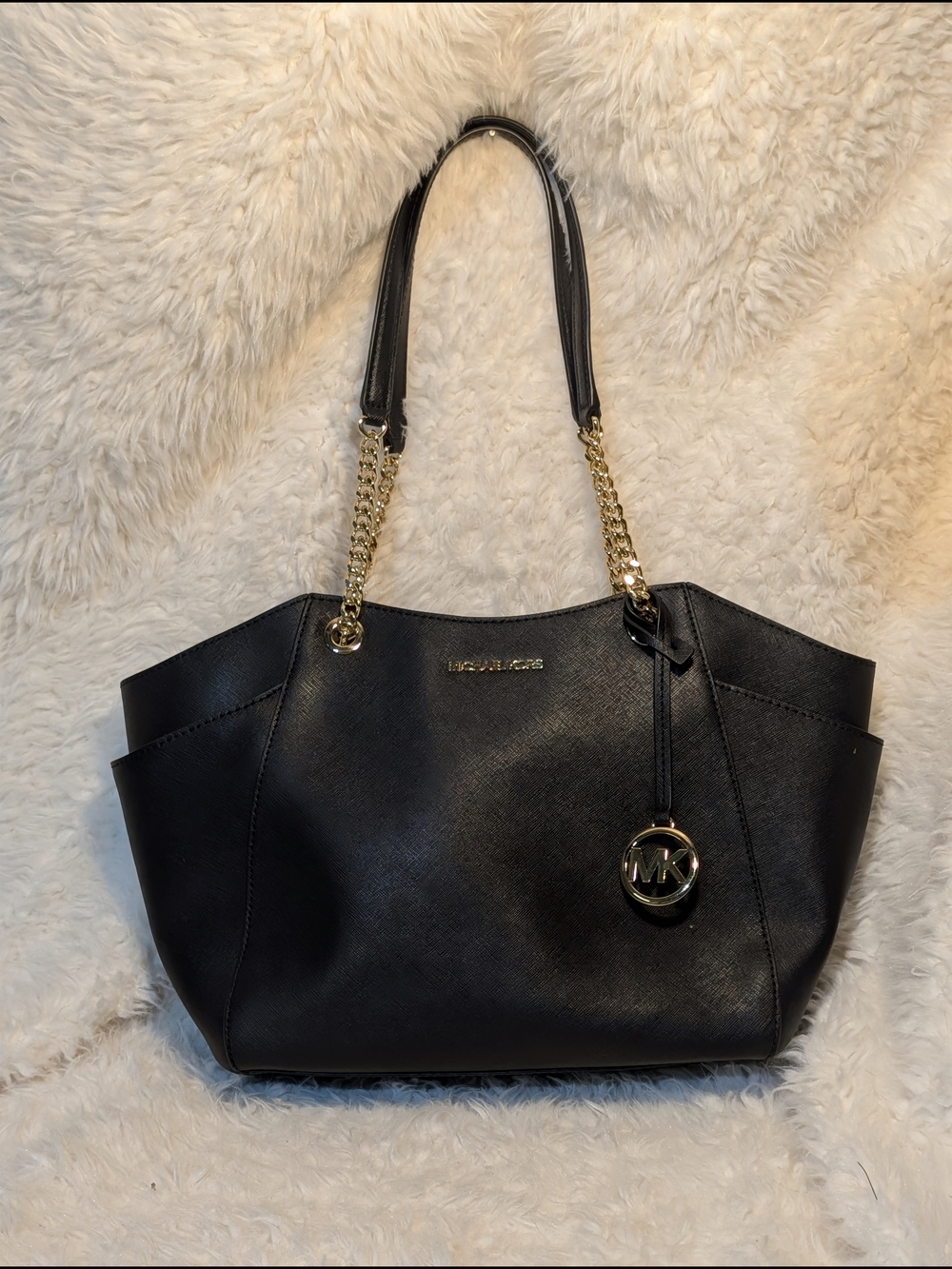 Michael Kors Black Leather Tote with Gold Chain Handles